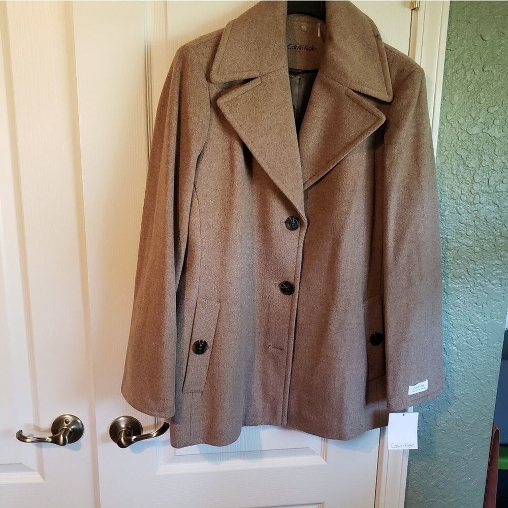 NEW CALVIN Klein, oat colored, wool cashmere‎ blend,  pea coat P/XL